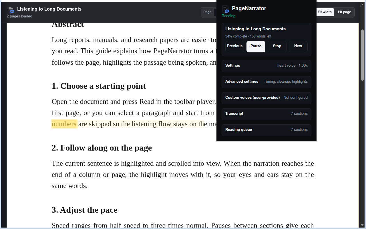 PageNarrator reading a PDF with synchronized highlighting