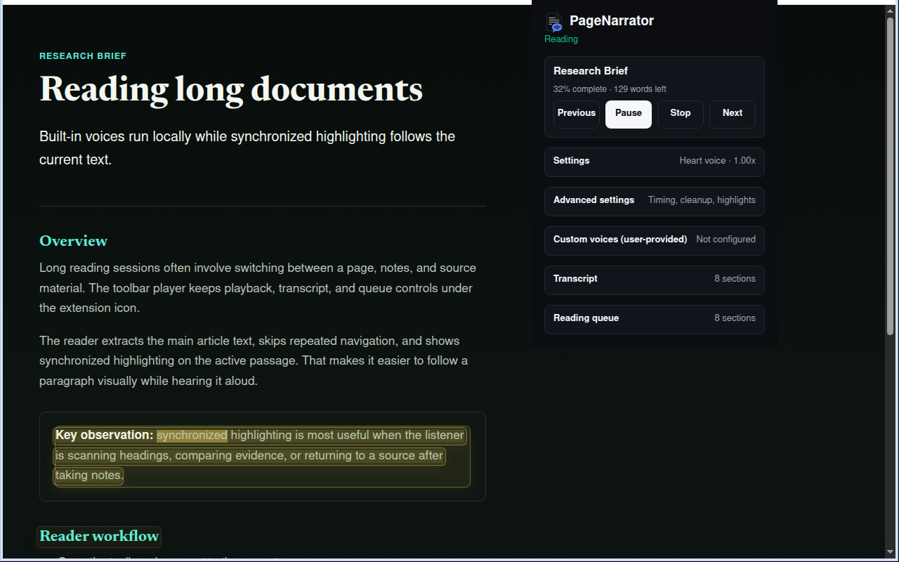 PageNarrator reading a webpage and highlighting the current passage